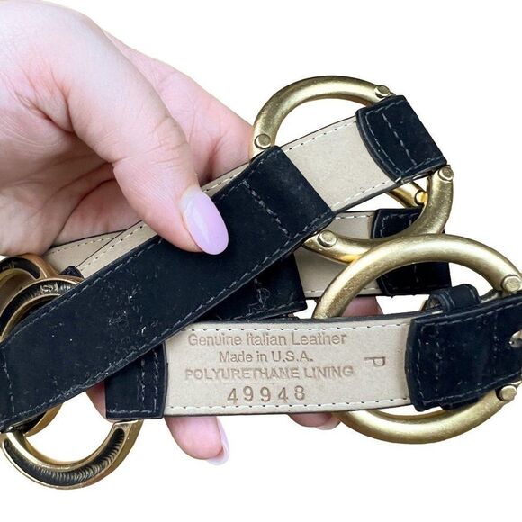 NWT St. John Black Suede Gold Circle Link Genuine Italian Leather Belt - Picture 3 of 6